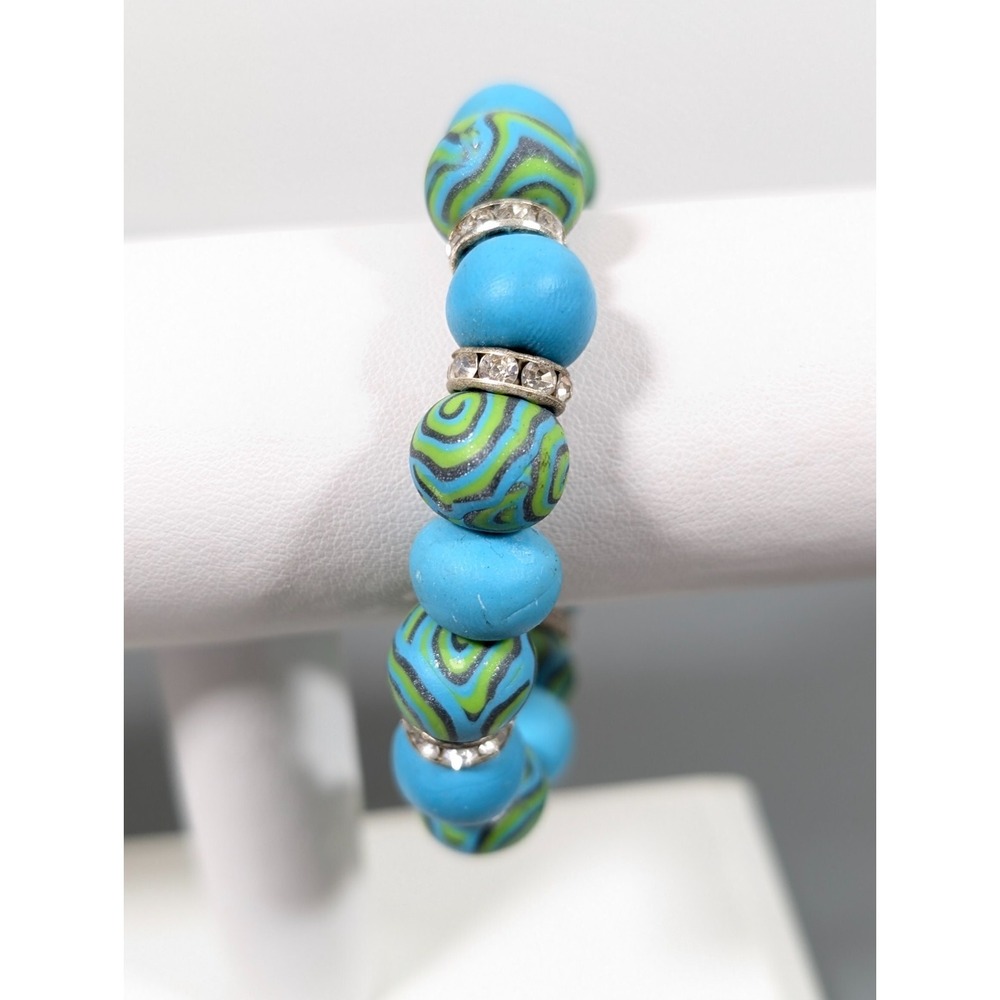 Blue Green Beaded Stretch Bracelet Stackable Clay‎ Glass Crystal 7 in